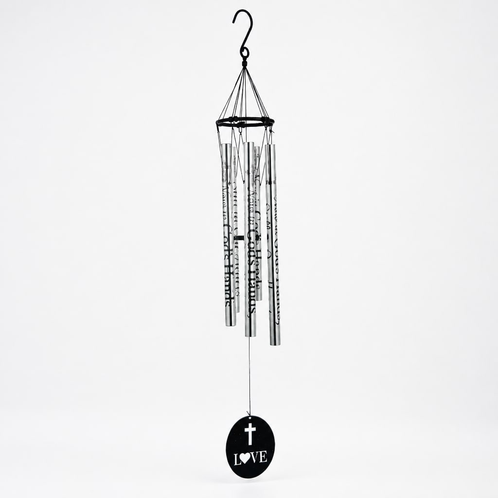 Hanging metal wind chime with a black cross and LOVE medallion