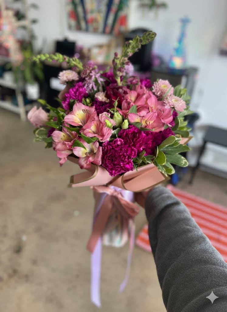 Pink and magenta bouquet with ribbon wrap