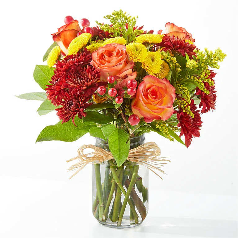 Apple Picking Bouquet - Bring the fall festivities indoors with the Apple Picking Bouquet, a delicious mix of roses, mums, and solidago capturing the beauty of the season.