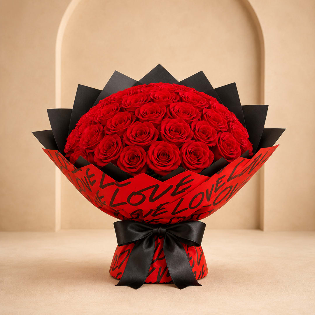 Red rose bouquet wrapped in red and black paper with a black ribbon
