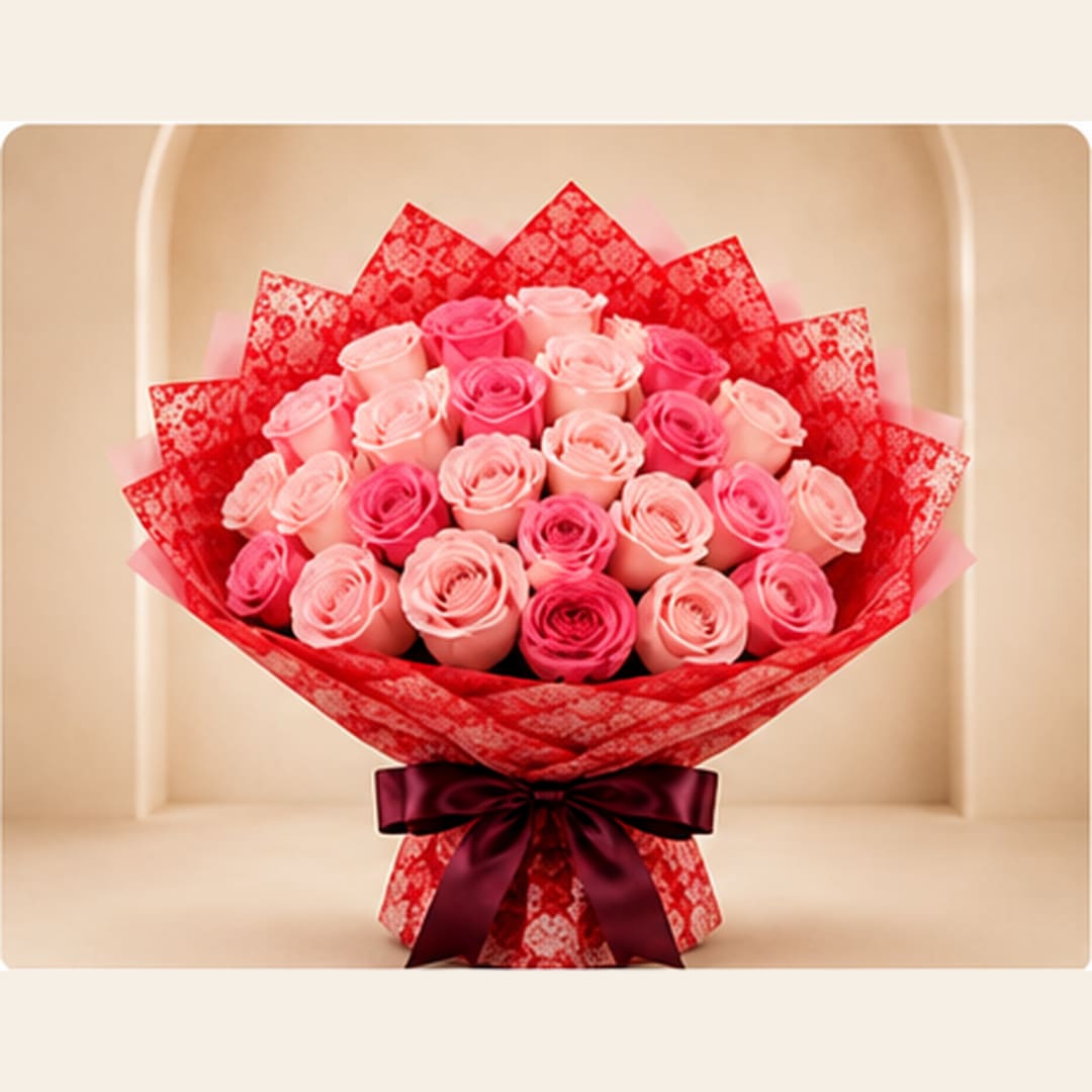 Bouquet of pink roses wrapped in red paper with a dark ribbon