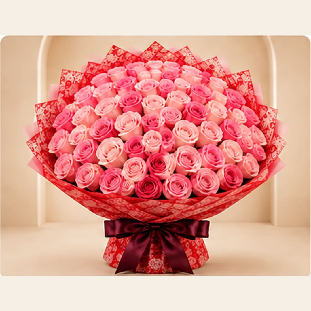 Large bouquet of pink roses wrapped in red paper with a dark ribbon