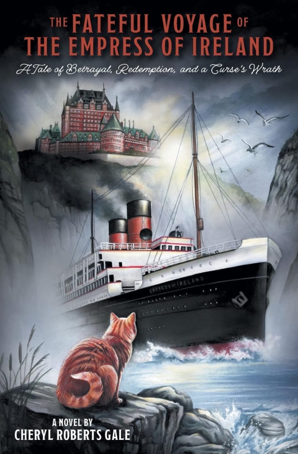 Illustrated book cover with an ocean liner by cliffs, a distant castle, and a cat on a rock