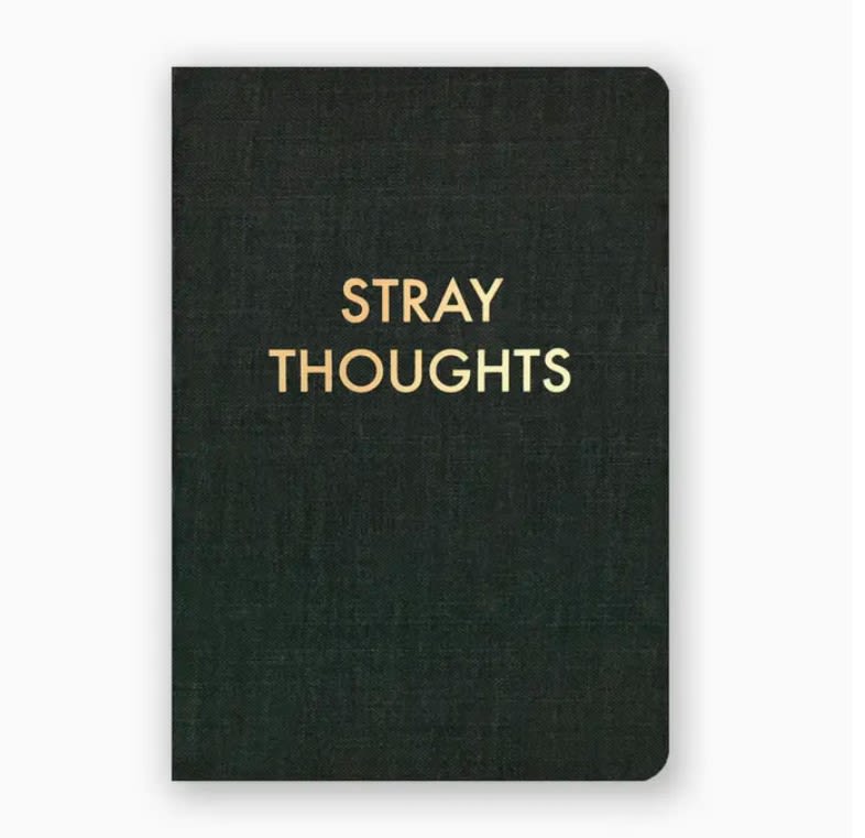 Black notebook with the words "STRAY THOUGHTS" on the cover