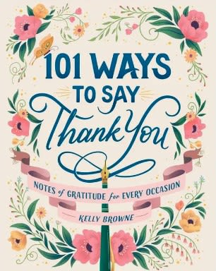 Decorative thank-you book cover with floral border and blue lettering