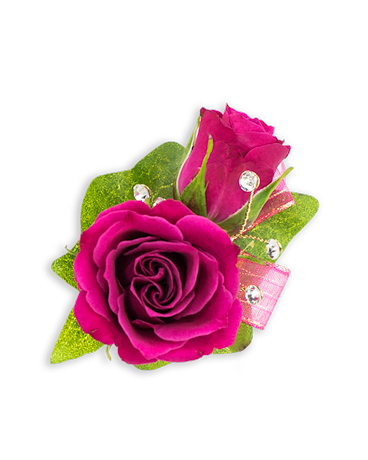 Pink rose boutonniere with green leaves and ribbon accents