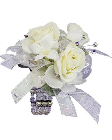 Simple Elegance Wrist Corsage - White roses combine with white ribbons to make this simple and elegant wrist corsage. Includes bejeweled wristlet band.  *Wristlet band may vary slightly from photo shown.