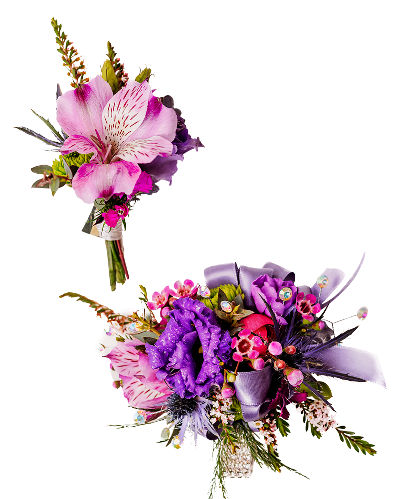 Night Sky Wrist Corsage with coordinating Boutonniere - Our Night Sky Pair is the boutonniere and wrist corsage; the perfect match!