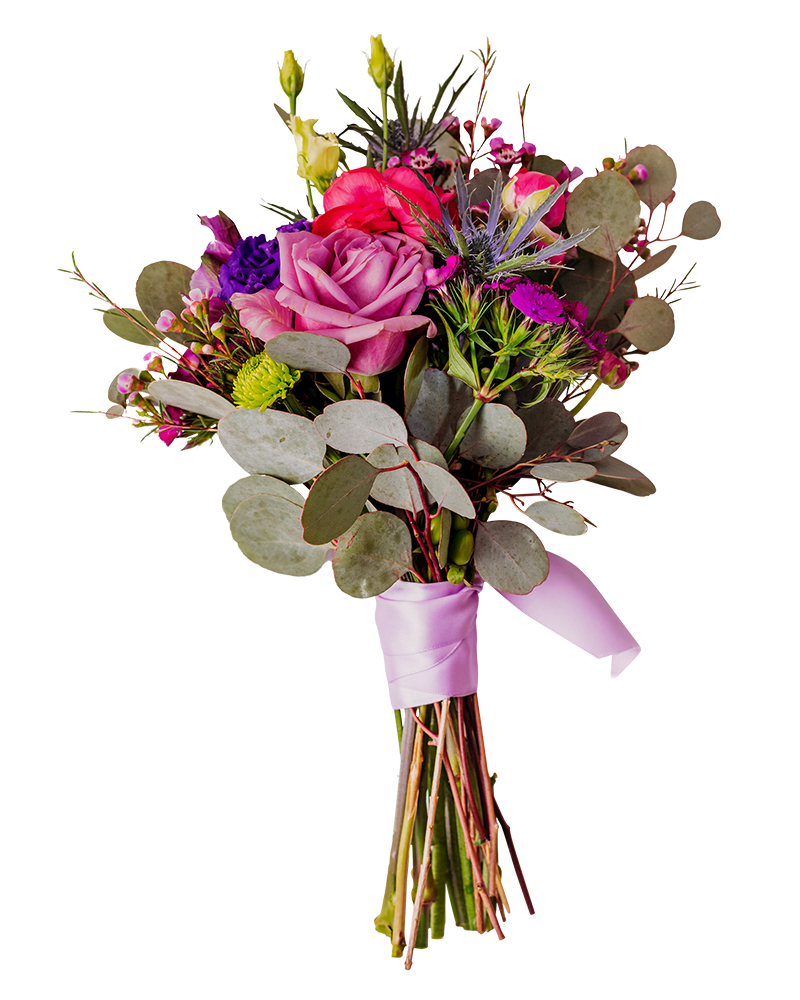 Bouquet of pink and purple flowers with eucalyptus and a lavender ribbon