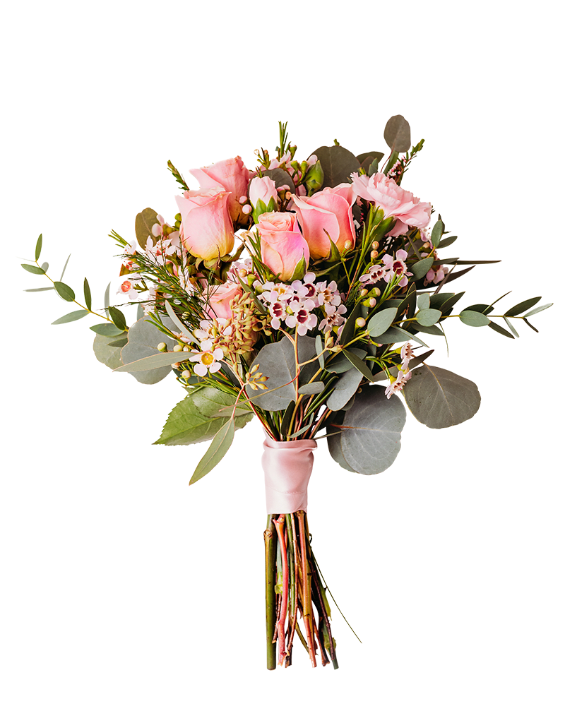Pink rose bouquet with small filler flowers and eucalyptus, tied with ribbon