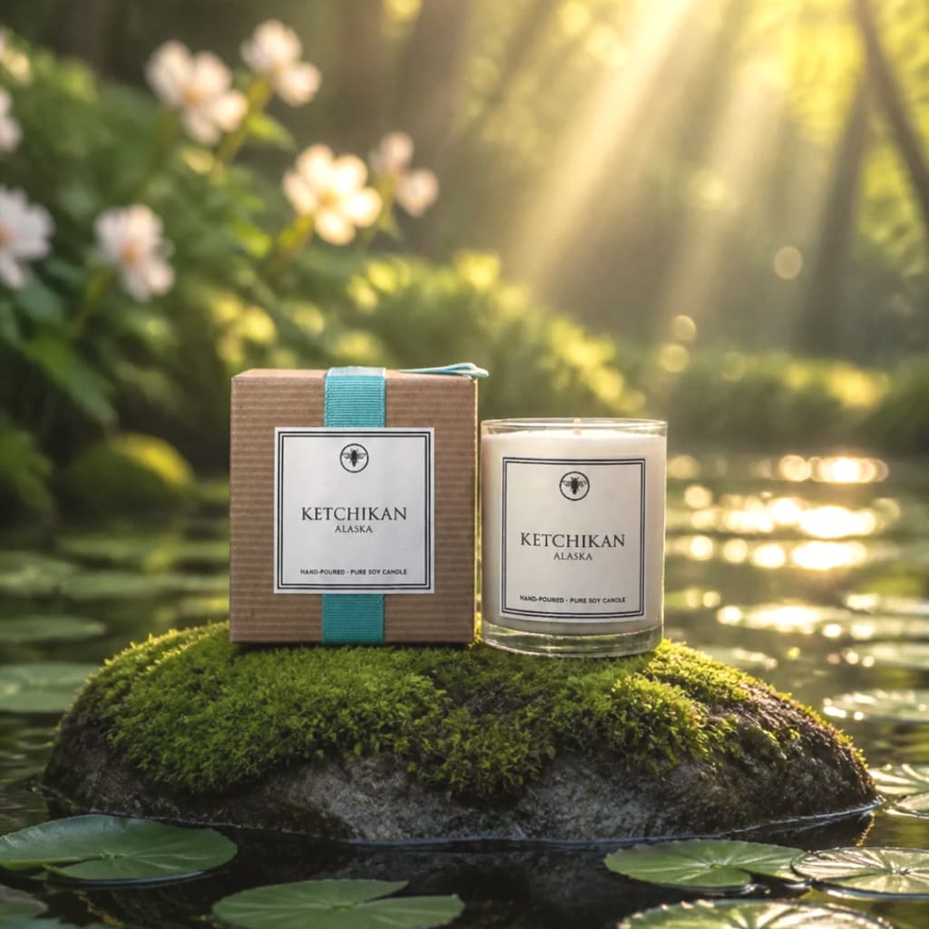 A boxed candle and glass candle sit on a mossy rock by water.