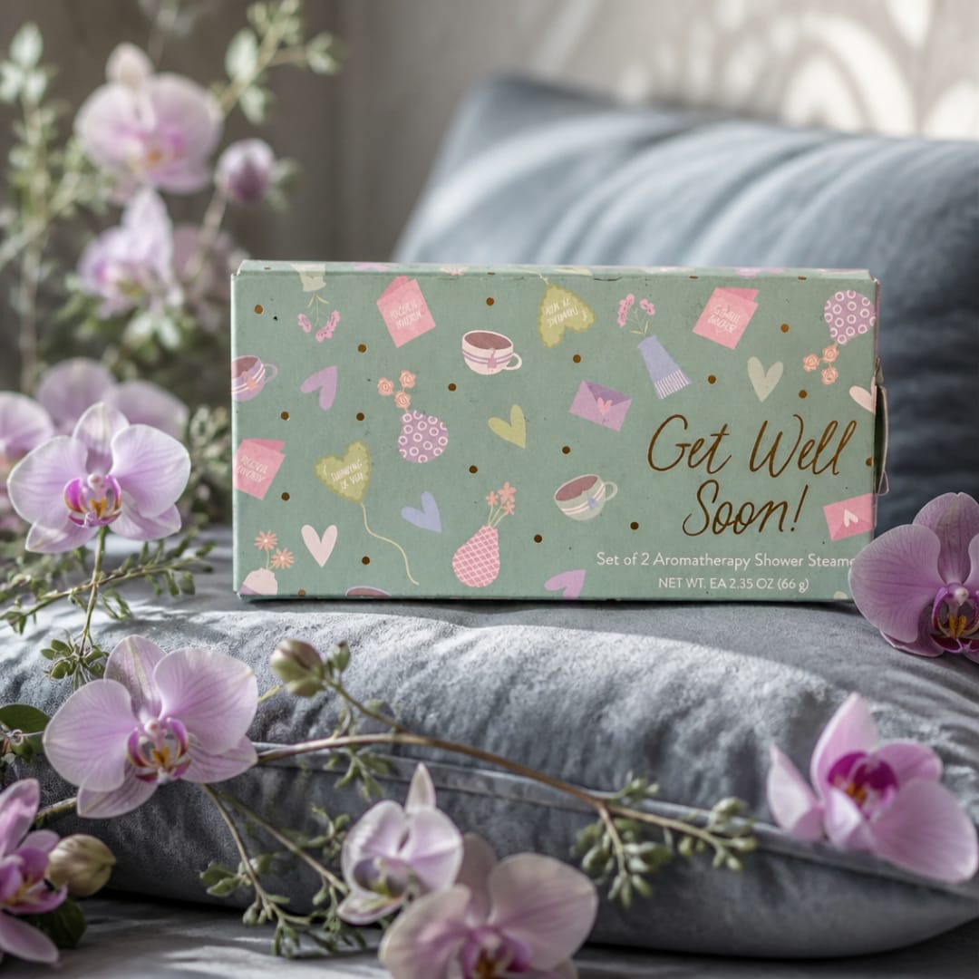 A gift box with a get well soon message surrounded by pale purple orchids