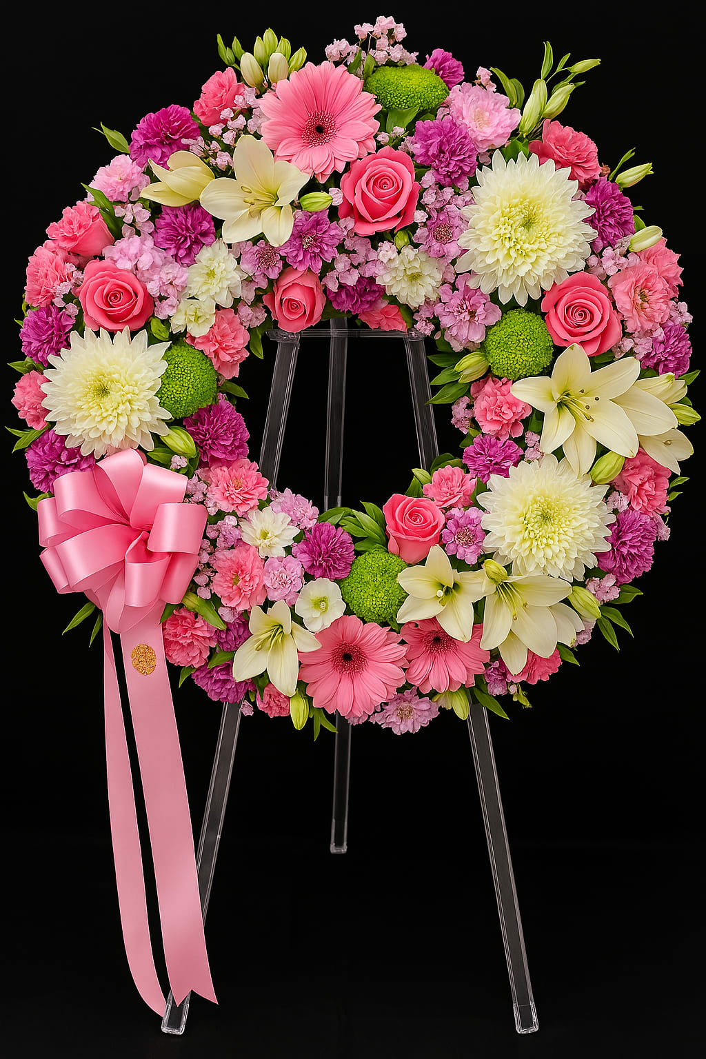 Timeless Beauty Forever - A beautiful sympathy wreath filled with soft pinks, whites, and greens—featuring roses, lilies, chrysanthemums, and more. A heartfelt tribute made with love and care by Fernando’s Flower Shop.