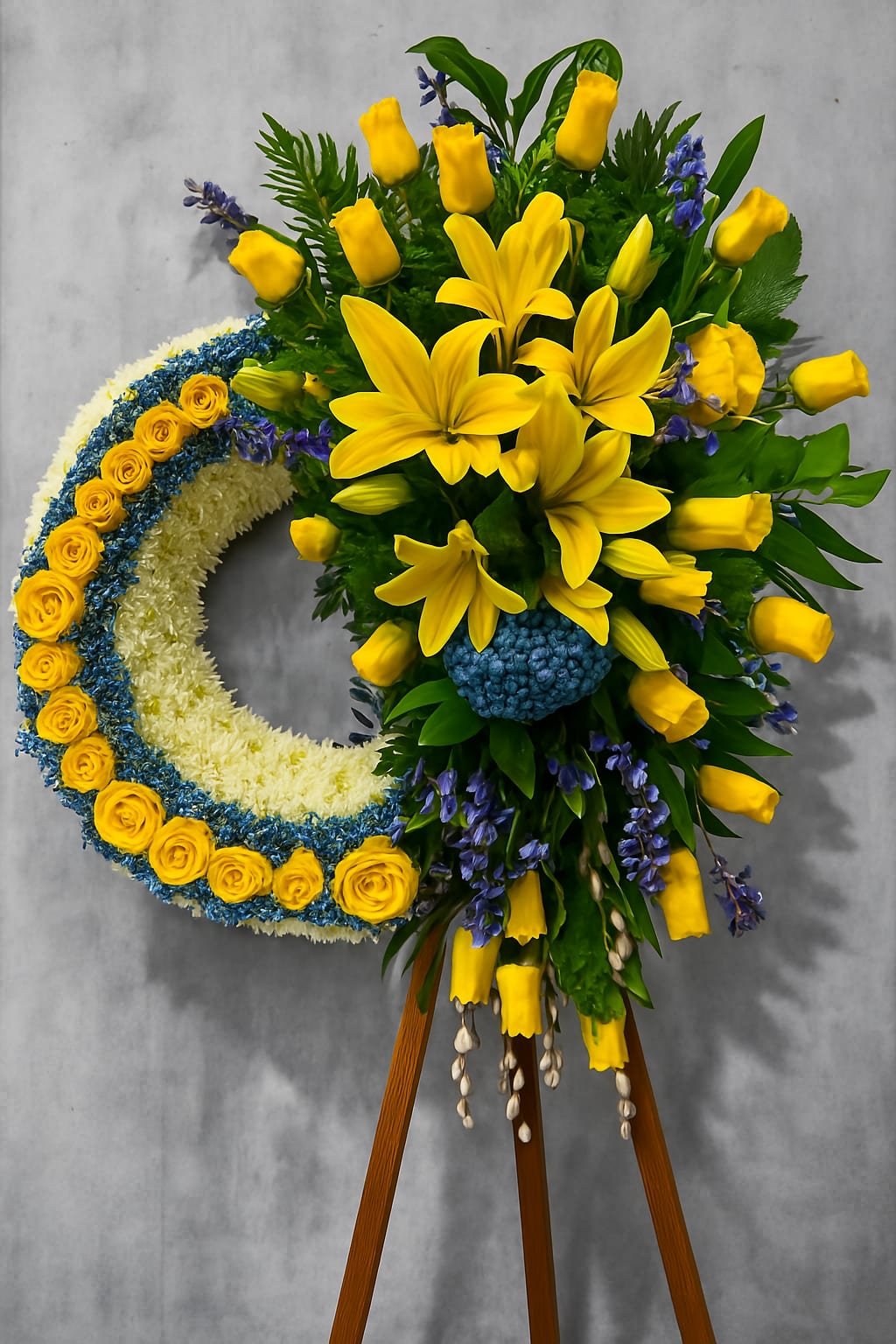 Standing wreath of yellow lilies and roses with blue and white flowers on a wooden easel