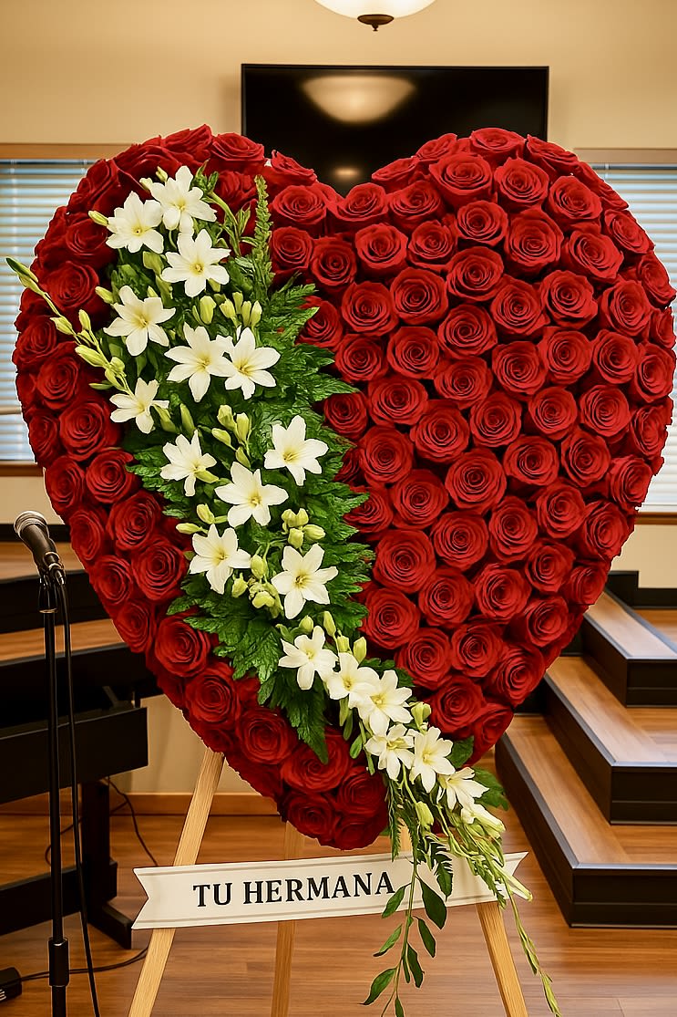Large heart-shaped standing spray of red roses with a diagonal cascade of white lilies.