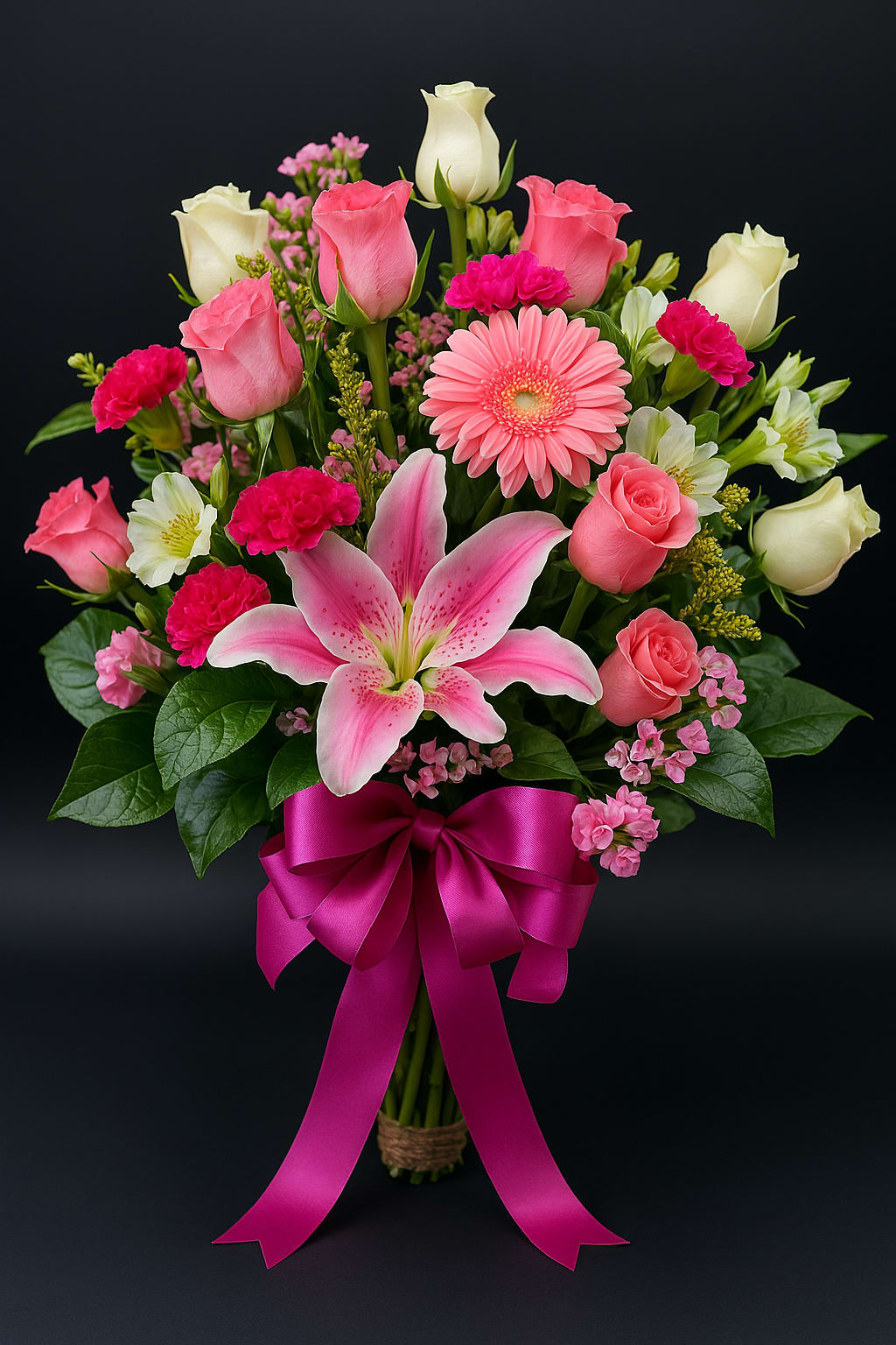 Full Of Love - A burst of elegance and color! This stunning bouquet featuring lilies, roses, gerberas, and carnations wrapped in lush greenery and tied with a vibrant magenta bow is the perfect way to brighten any day. Fresh, radiant, and full of love!”