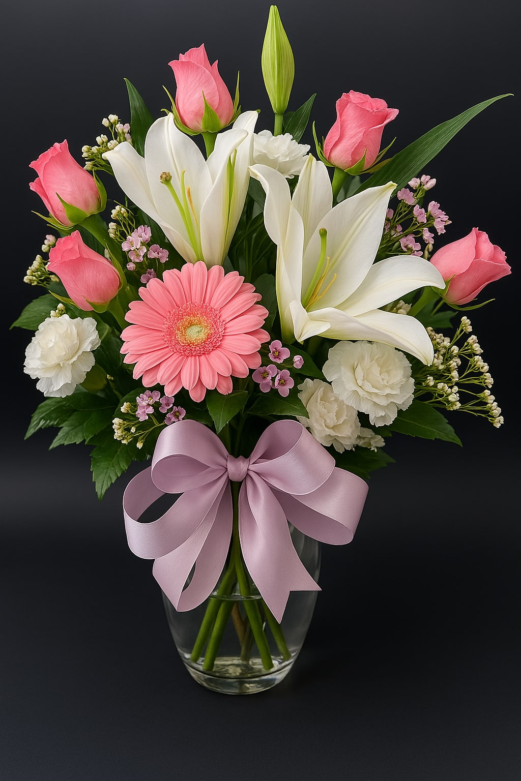 Mixed bouquet of pink roses, white lilies, carnations, and a gerbera daisy in a glass vase with a lavender bow.