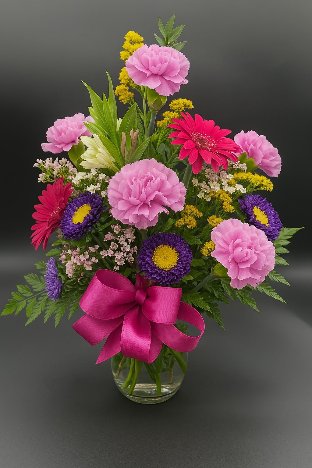 Mixed bouquet of pink carnations, gerbera daisies, and purple asters in a glass vase with a pink bow