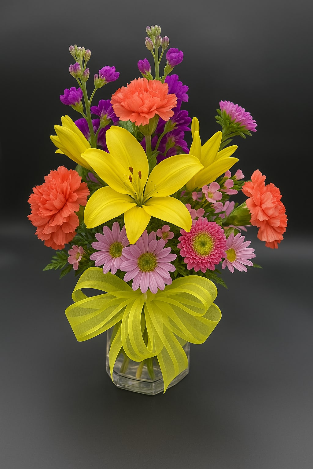 Bright arrangement of yellow lilies, orange carnations, and pink daisies in a glass vase with a yellow bow
