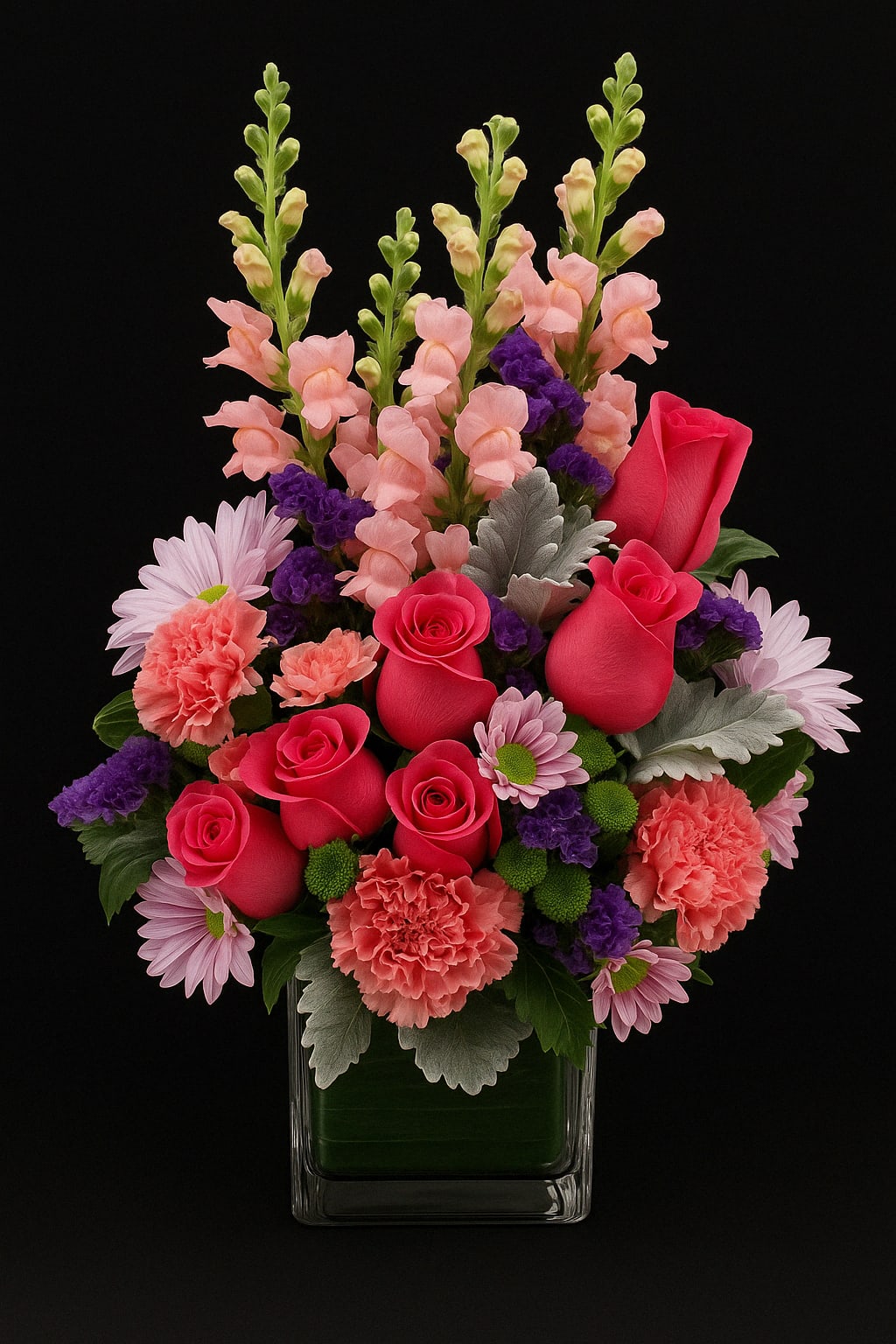 Full of Love for you - A vibrant and cheerful arrangement featuring hot pink roses, orange carnations, soft lavender daisies, and delicate snapdragons, all beautifully set in a modern square vase. A perfect gift to brighten Mom’s day with color and love!