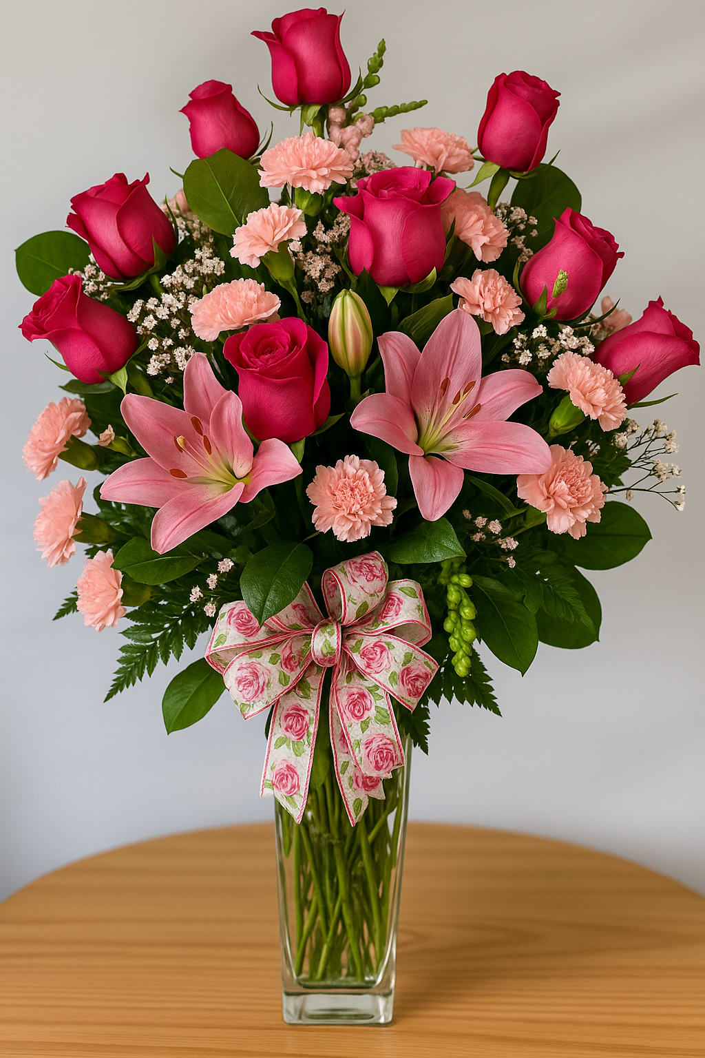 Tall arrangement of hot pink roses, pink lilies, and light pink carnations in a clear vase with a floral bow.