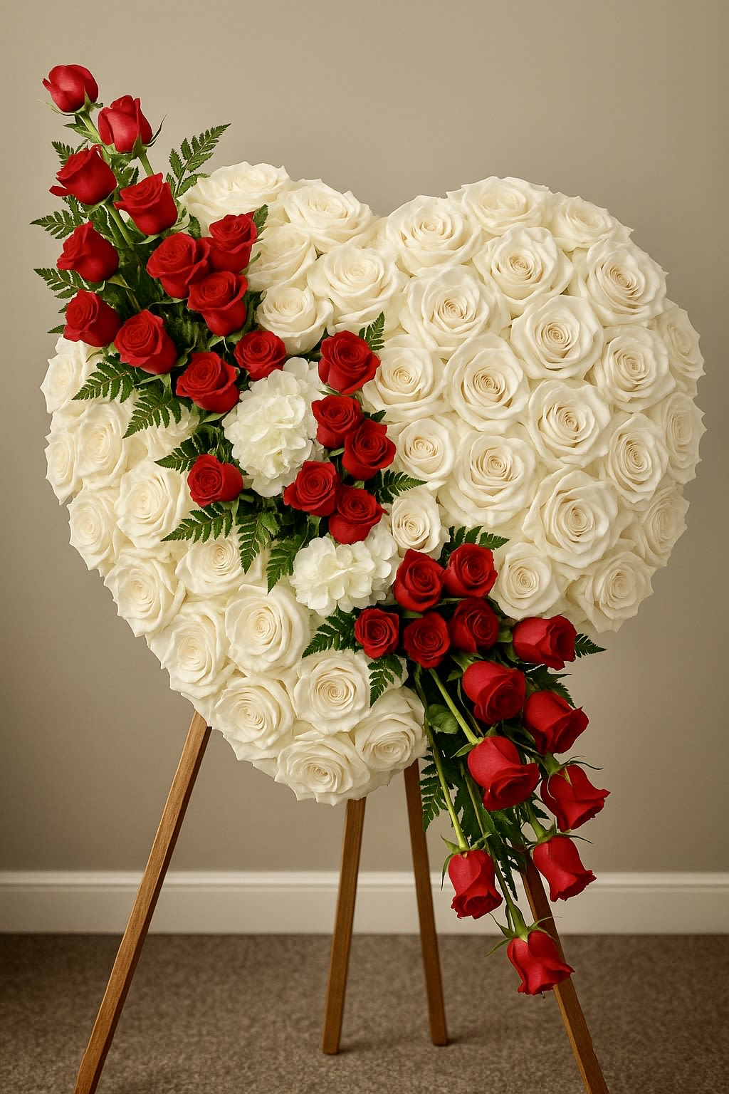 Heart-shaped standing spray of white roses with a diagonal cascade of red roses.