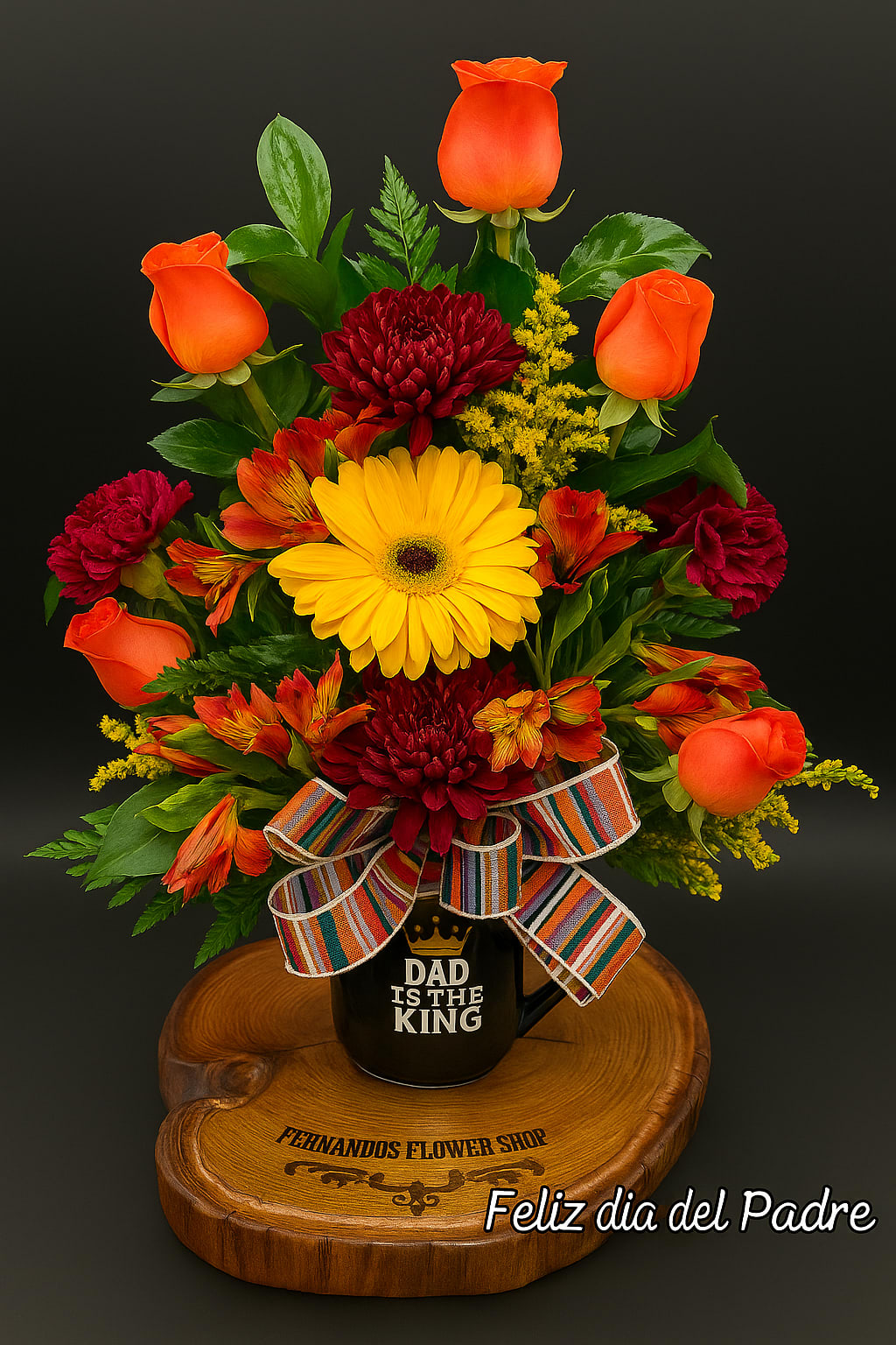 Dad is the King -  “Dad is the King”  Celebrate Dad with this vibrant arrangement full of life: orange roses, yellow gerbera, burgundy chrysanthemums, alstroemerias, and solidago accents. Beautifully decorated with a colorful bow and presented in a special mug. The perfect gift to show him how much he means on his special day. 