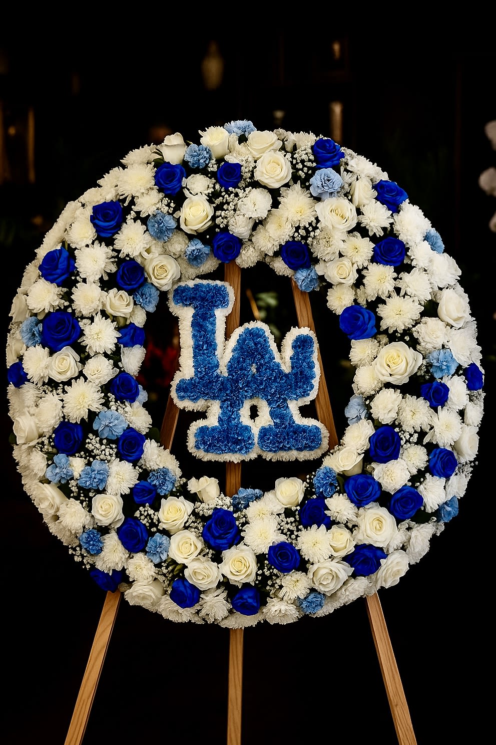 My Fun #1 - A heartfelt tribute for a true Dodgers fan. This stunning wreath features elegant white blooms accented with bold blue roses and chrysanthemums, centered with the iconic “LA” logo in vibrant blue florals. A beautiful way to honor a loved one’s team spirit and legacy.  #DodgersTribute #FloralMemorial #ForeverInOurHearts  64 INCHES XL OVERSIZE 