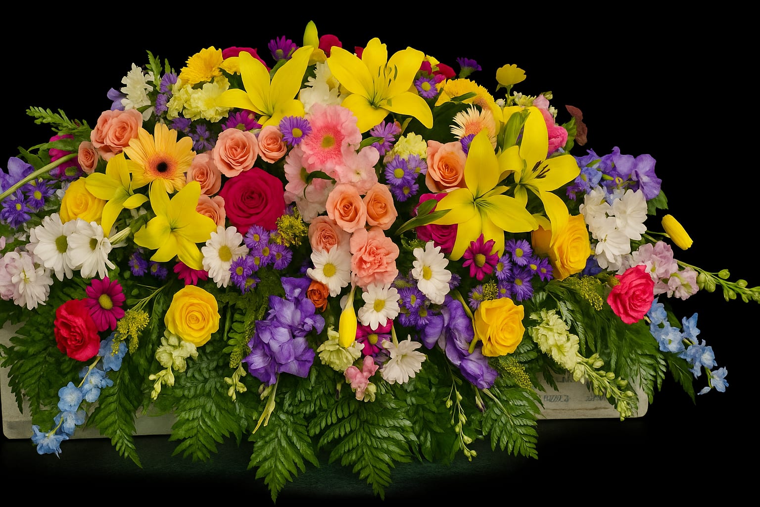 Vibrant - A radiant casket spray filled with vibrant lilies, roses, daisies, and more—this joyful burst of color offers a beautiful tribute to a life well lived and deeply loved. 