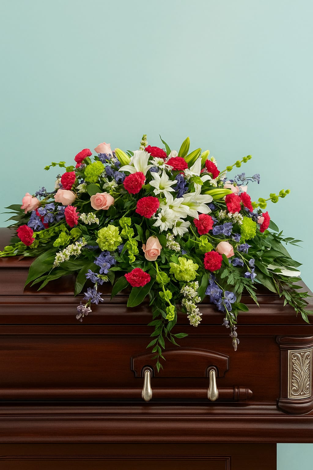 Large casket spray of red carnations, white lilies, pink roses, green blooms and blue delphinium