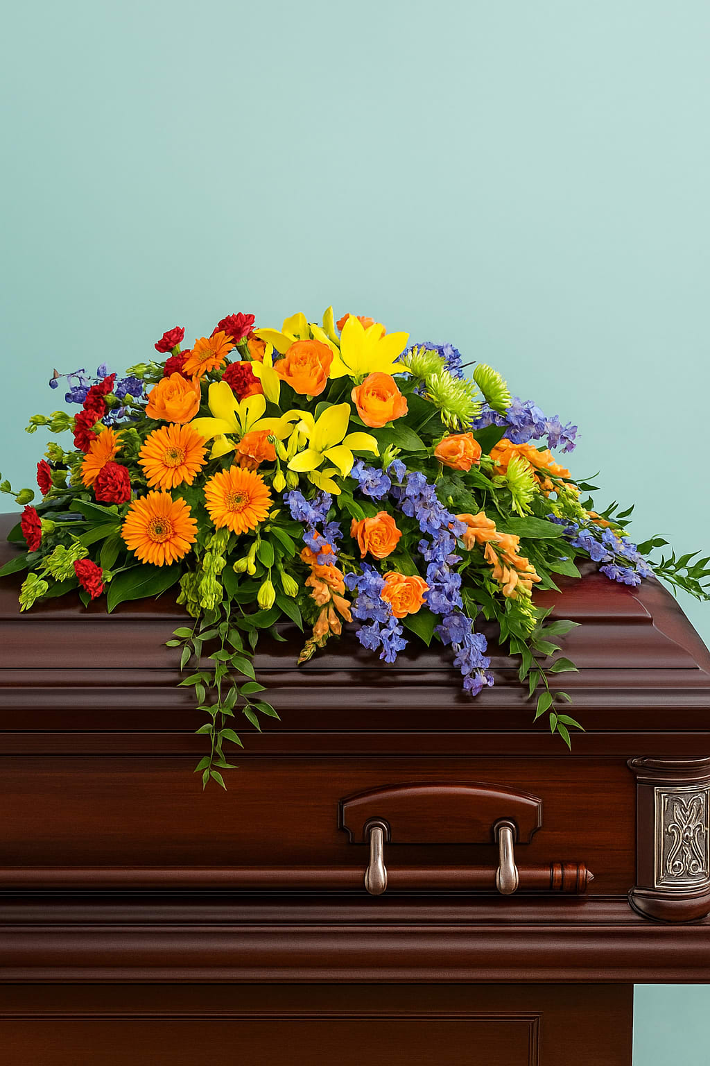 Colorful - A vibrant and uplifting farewell.This colorful casket spray bursts with bright yellow lilies, orange gerberas, red carnations, and touches of blue and green blooms — a beautiful tribute to a joyful spirit and a life full of color and warmth.   Created with care by Fernando’s Flower Shop