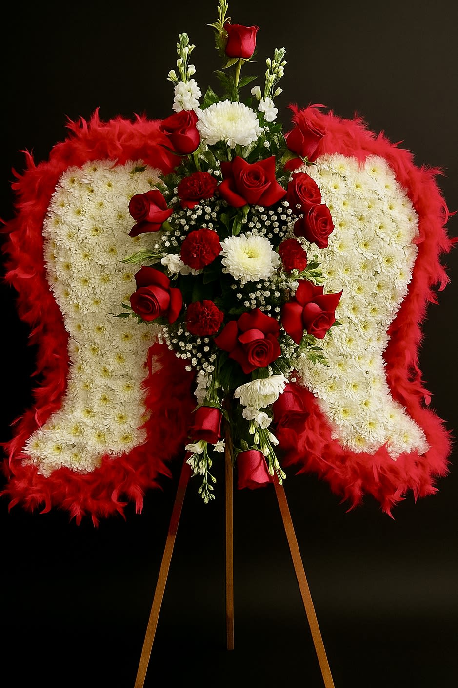 Standing sympathy arrangement of white angel wings with red roses on a wooden easel