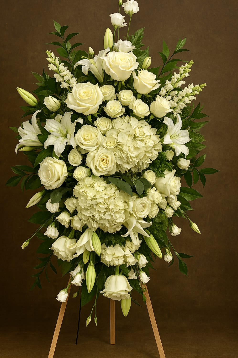 Standing spray of white roses, lilies, and hydrangeas on a wooden easel