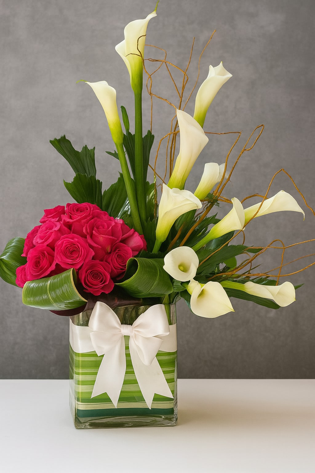 Pink roses and white calla lilies in a glass vase with a white bow