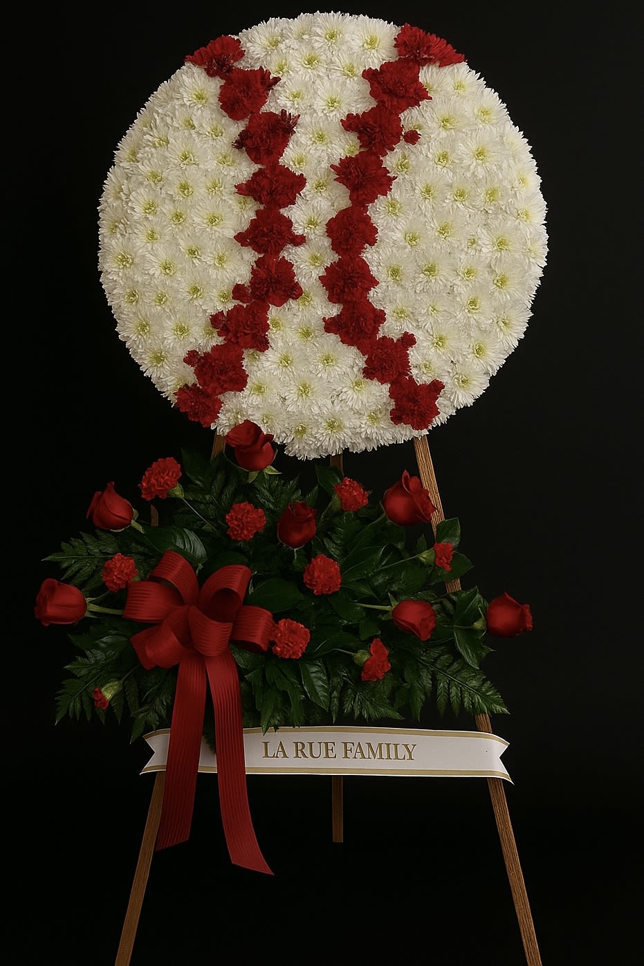 Baseball-themed white and red standing funeral spray on an easel with a red rose accent spray
