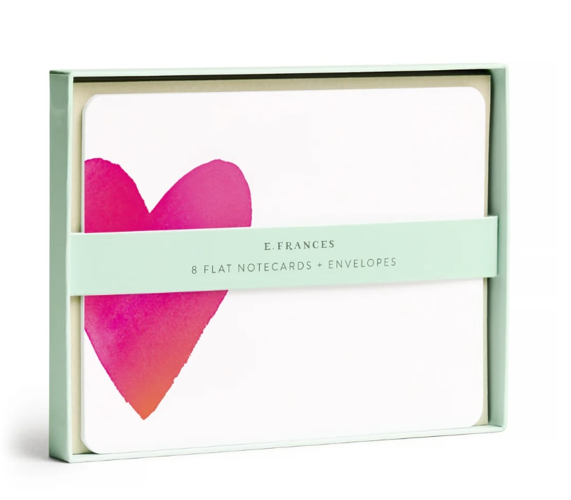 Boxed set of flat notecards and envelopes with a pink heart design