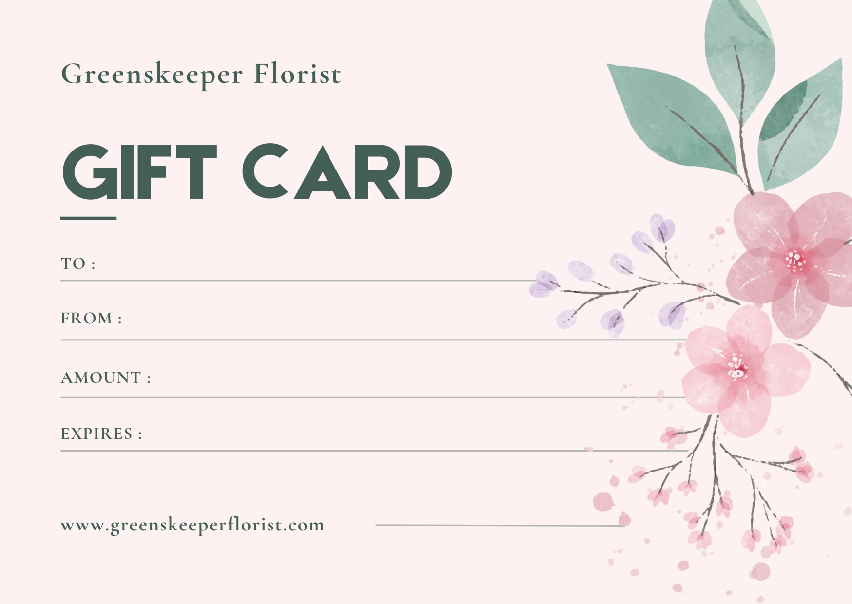 Floral gift card with pink blossoms and green leaves
