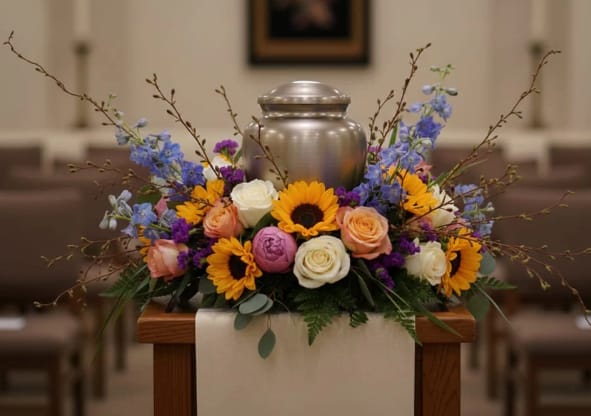 Floral urn arrangement with sunflowers and roses around a silver urn