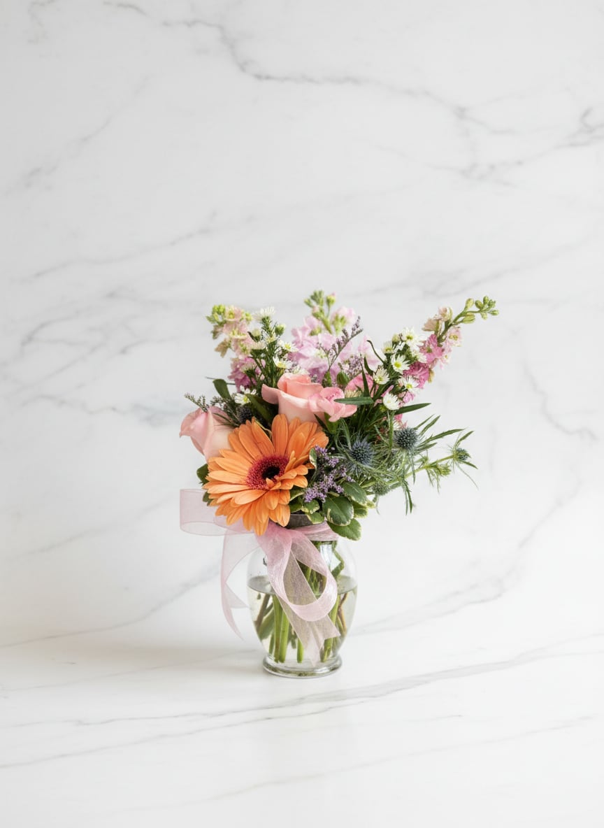 Pink and orange mixed bouquet in a clear glass vase with a ribbon