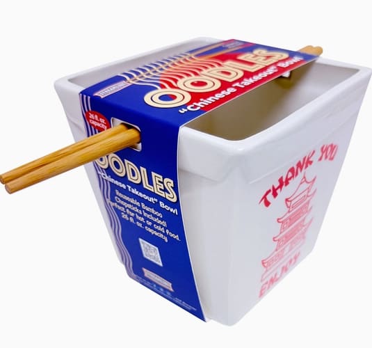 Chinese Take Out Bowl - Description Slurp your noodles in style with this ramen bowl that looks just like a cute Chinese take-out container—perfect for adding a little extra fun to your meal!  • Material: Ceramic, BPA Free Bamboo • Packaging: Card Wrap &amp; Box  Details Made in China Weight: 1.46 lb (0.66 kg) Dimensions: 4.9 x 4.9 x 5.1 in (12.5 x 12.5 x 13 cm)