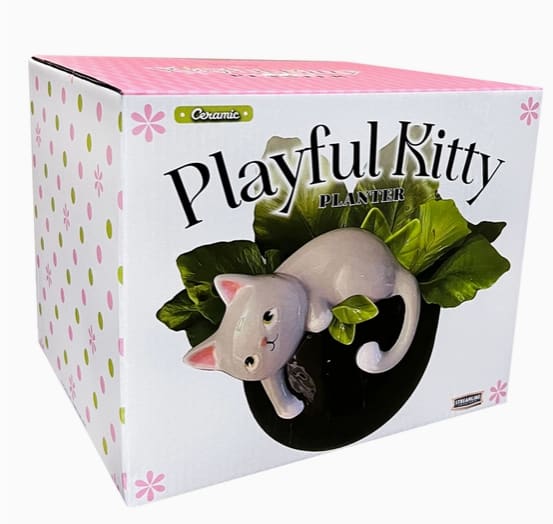 Playful Kitty Planter - Description Art imitates life with this adorable playful kitty planter! Kitties love plants and this ceramic planter features a casual, grey kitty without a care in the world, lovingly lounging on the edge of your favorite plant.  • Planter contains drainage hole • Material: Ceramic • Packaging: Color Box  Made in China Weight: 1.65 lb (0.75 kg) Dimensions: 7.3 x 6.7 x 6.5 in (18.5 x 17 x 16.5 cm)