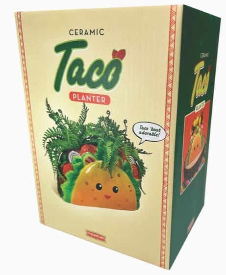 Taco Planter - Description Instantly bring a touch of whimsy to your home! This taco styled planter will earn a spot by your sunniest window.  Packaging: Color Box Material: Ceramic Made in China Weight: 1.1 lb (498.95 g) Dimensions: 7.1 x 3.2 x 4.5 in (18 x 8 x 11.5 cm)