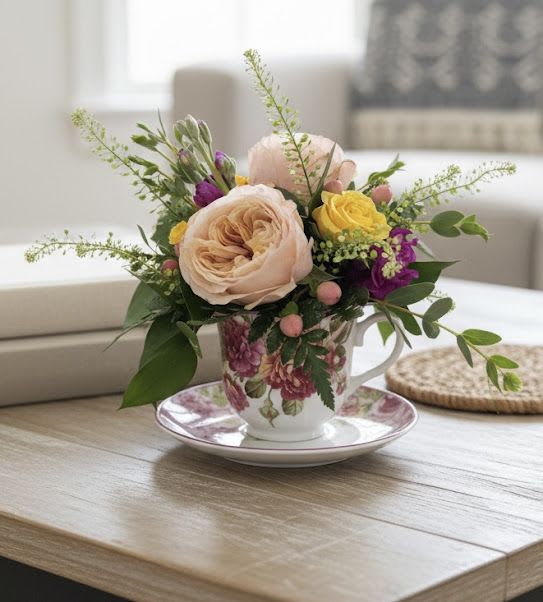 Tea Party - Floral, classic teacup and saucer filled with beautiful flowers for a fun twist on your class vase arrangement.  **Flowers and teacup may vary based on availability**  Please call for special requests.