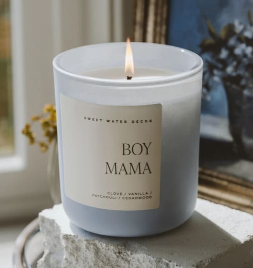 Boy Mama 15 oz Soy Candle, Matte Jar - Description Celebrate the joy of raising boys with our Boy Mama candle, featuring our warm and grounding Palo Santo Patchouli fragrance. With notes of clove, vanilla, patchouli, and grounding cedarwood, this soothing scent brings calm to even the most energetic days.  Perfect for Mother’s Day, baby showers, gender reveals, or just because, this candle makes a thoughtful gift for any proud boy mama. Pair it with our other Mom items for the full assortment.  SCENT NOTES: • Top: Black Pepper, Clove Leaf, Nutmeg  • Middle: Lavender  • Base: Cedarwood, Tonka Bean, Patchouli, Vanilla, Sandalwood, Olibanum  CANDLE INFO: • Size: Volume 15oz | 334g Net Weight | 3.25 x 3.63 x 4"  • Burn Time: 70+ Hours  • Wick: 100% Cotton (Lead and Zinc Free)  • Wax: Proprietary Soy Based Wax Blend | Vegan, Non-GMO, Kosher | Made in USA  • Premium Fragrance Oil • Gluten Free, Phthalate Free, Non-Toxic • Made in Pittsburgh, PA 