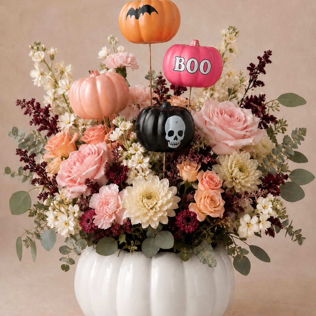 Halloween floral arrangement in a white pumpkin vase with decorative pumpkin picks
