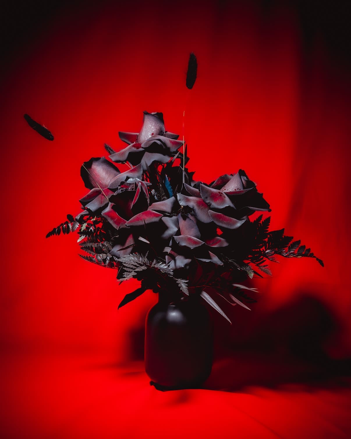 Liliths Love - Halloween Collection  - One dozen black reflexed roses in a ceramic vase. 