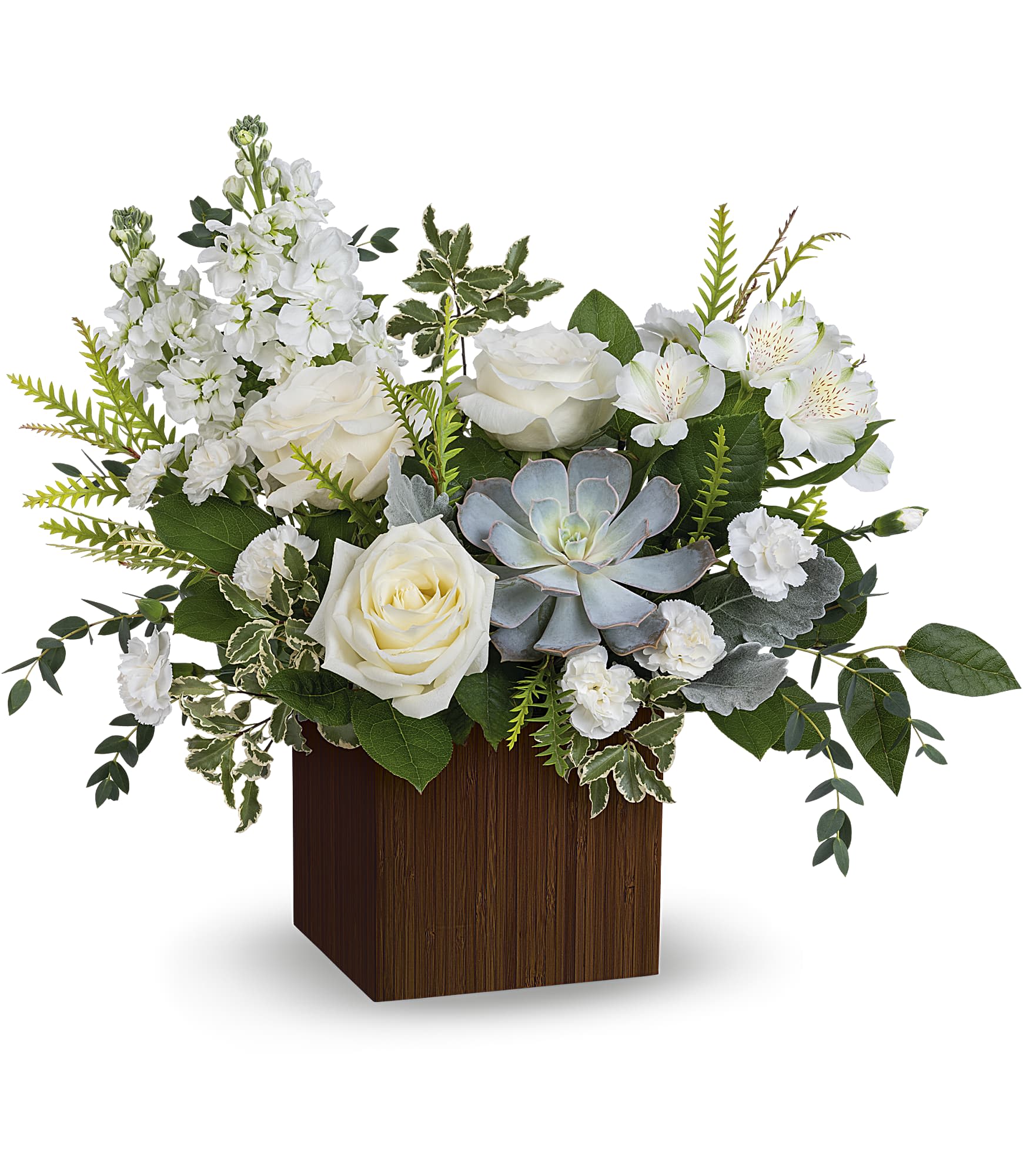 White roses and alstroemeria in a wooden cube vase with a succulent