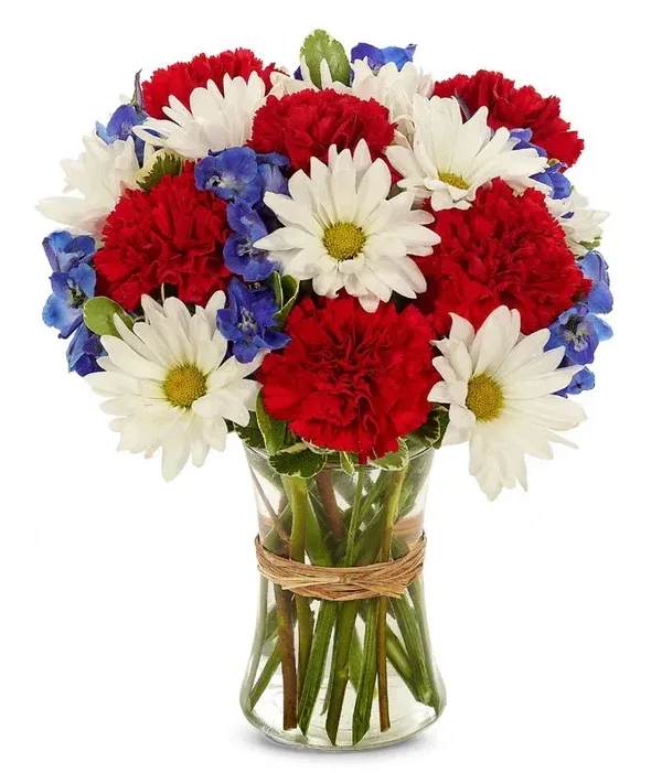 American Glory - Showcase your patriotic pride with this brilliant bouquet of red, white and blue. Bursting of fresh and beautiful flowers including white daisies, red carnations and blue delphinium and hand-designed in a clear glass gathering vase with a natural raffia ribbon. This spectacular display is a great way to celebrate the July 4th holiday.  Please Note: The bouquet pictured reflects our original design for this product. While we always try to follow the color palette, we may replace stems to deliver the freshest bouquet possible, and we may sometimes need to use a different vase. 