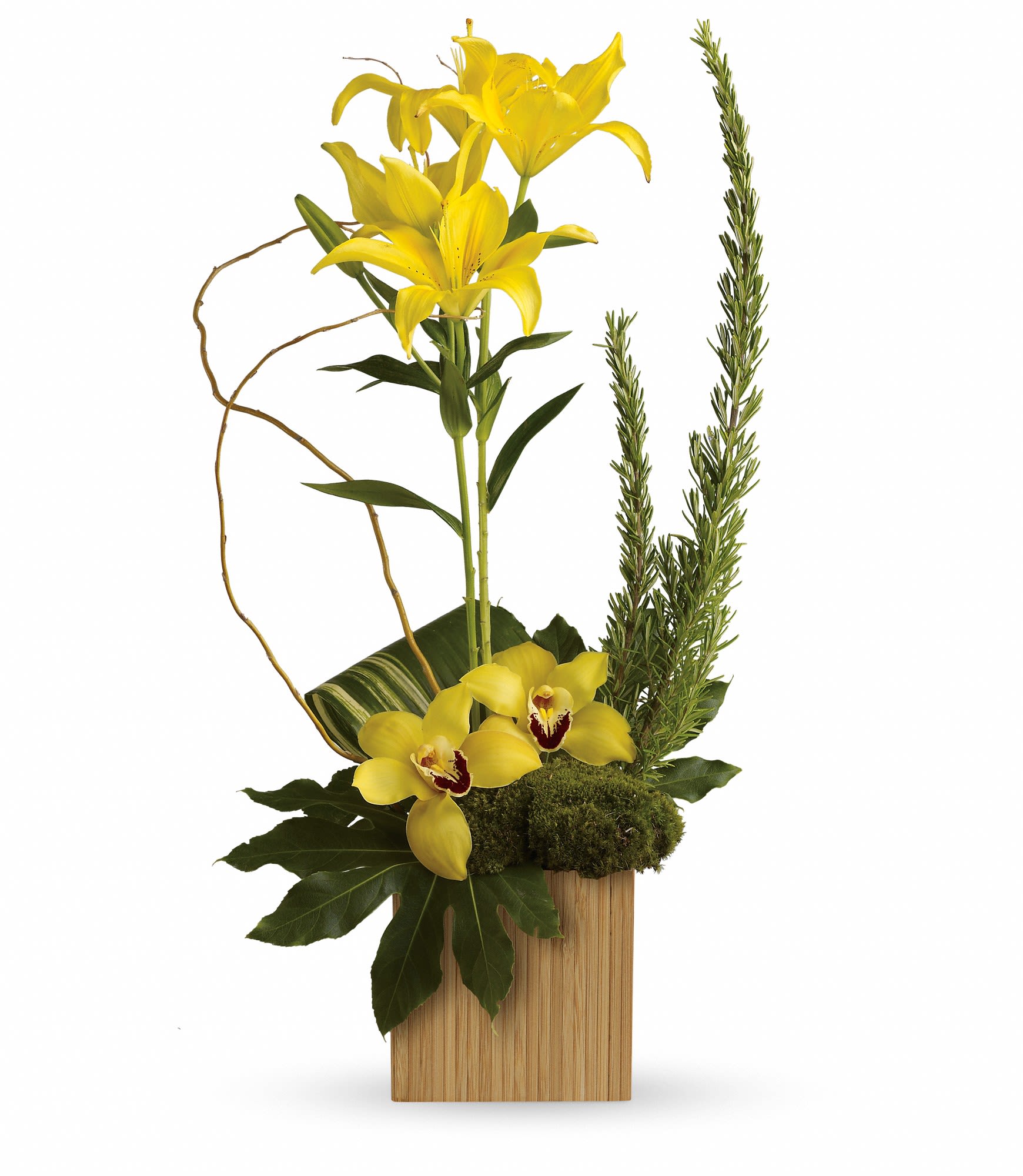 Yellow lilies and orchids arranged in a wooden container