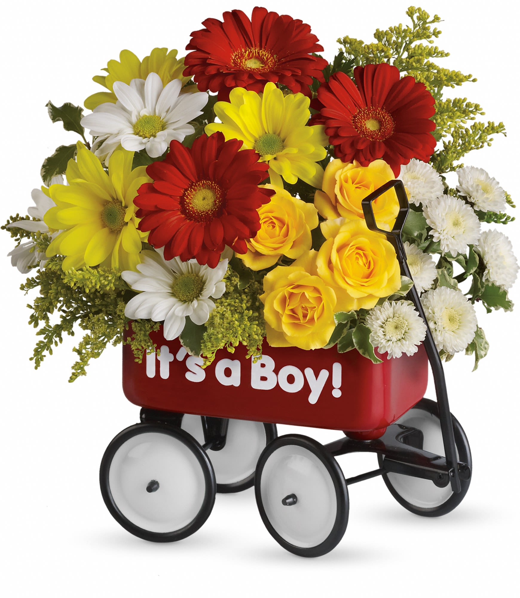 Mixed bouquet in a red wagon with "It's a Boy!" text